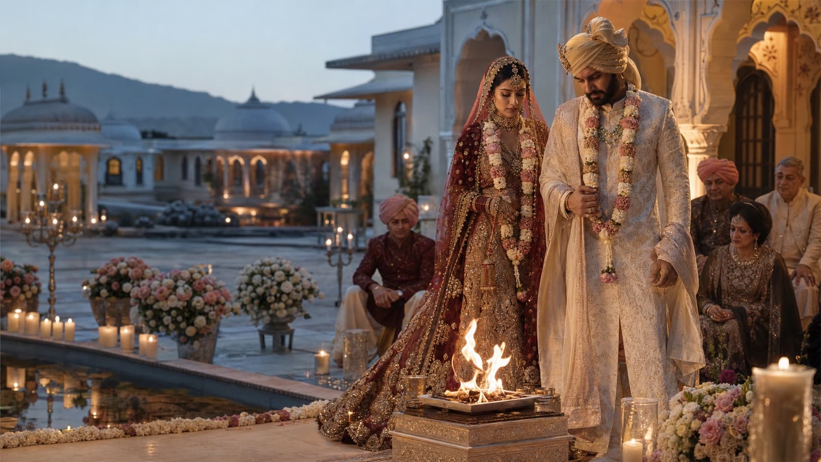 AI concept image of a Hindu couple taking pheras in a palace courtyard