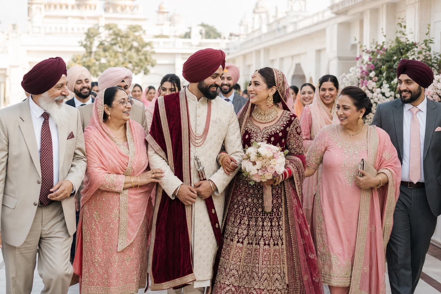 Concept image of a family walking with a newly married couple