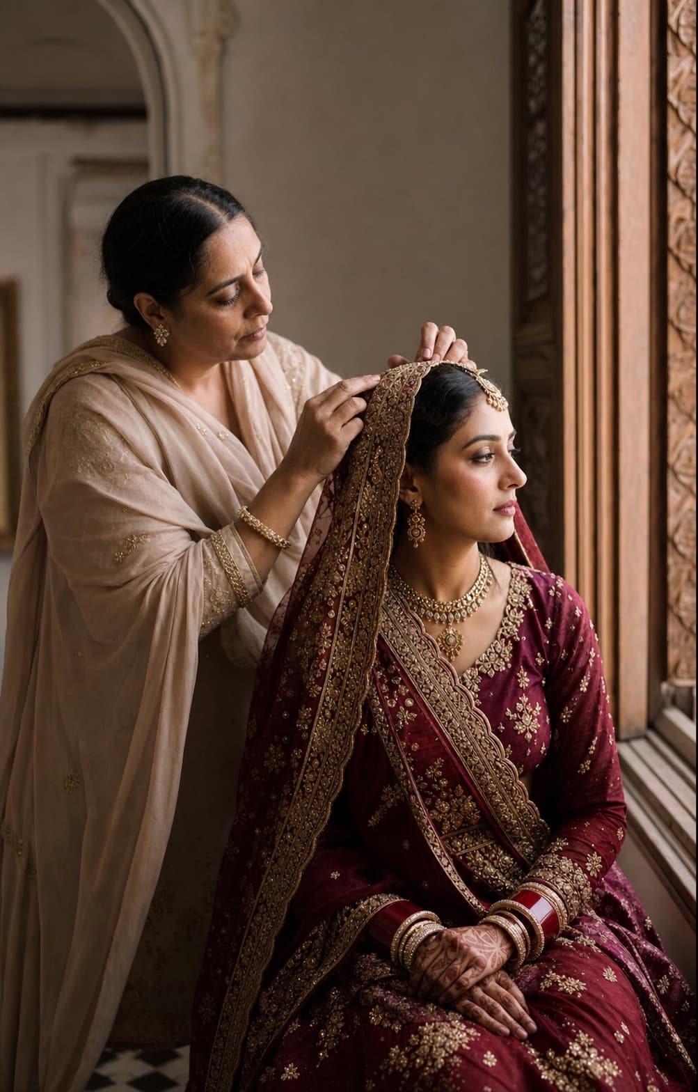 Concept image showing a bride and family member preparing together